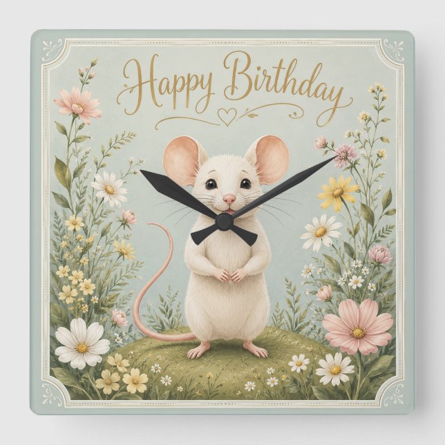 Gentle Mouse Garden Birthday Square Wall Clock (Front)