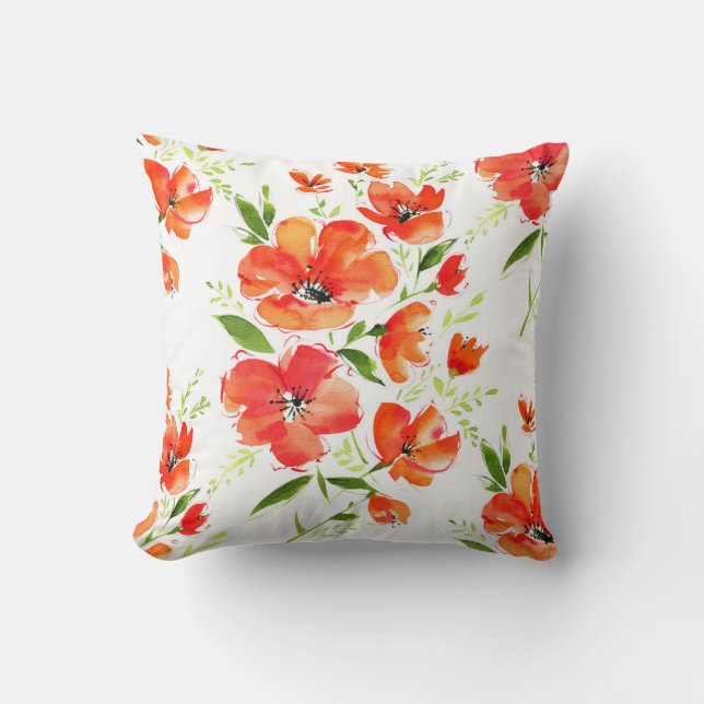 Gentle Orange Poppies Watercolor Pattern Cushion (Front)