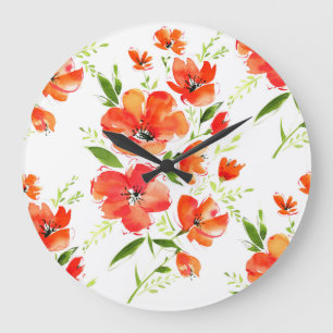 Gentle Orange Poppies Watercolor Pattern Large Clock