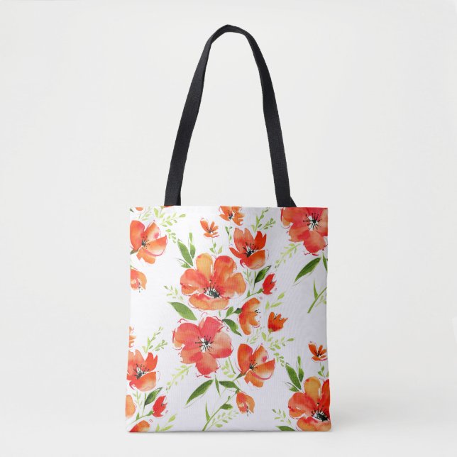 Gentle Orange Poppies Watercolor Pattern Tote Bag (Front)