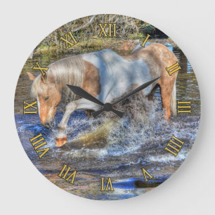 Gentle Palomino Pinto Stallion Playing in Pond Large Clock
