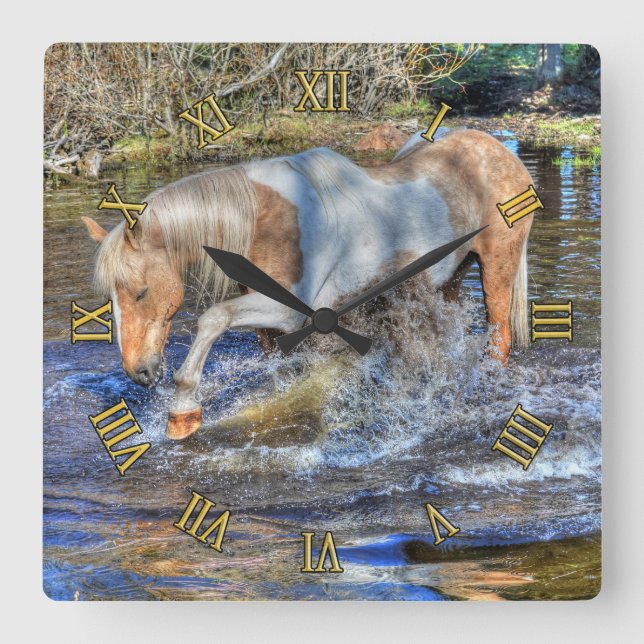 Gentle Palomino Pinto Stallion Playing in Pond Square Wall Clock (Front)