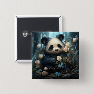 Gentle Panda Bear Among Jungle Roses 15 Cm Square Badge