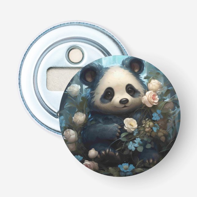Gentle Panda Bear Among Jungle Roses Bottle Opener (Front)