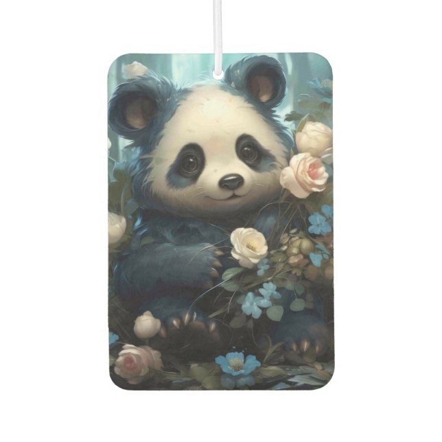 Gentle Panda Bear Among Jungle Roses Car Air Freshener (Front)