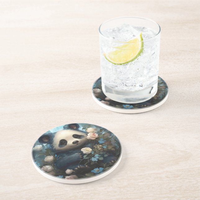 Gentle Panda Bear Among Jungle Roses Coaster (Side)
