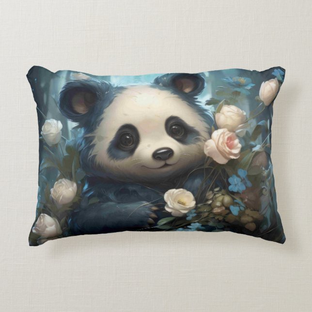 Gentle Panda Bear Among Jungle Roses Decorative Cushion (Front)