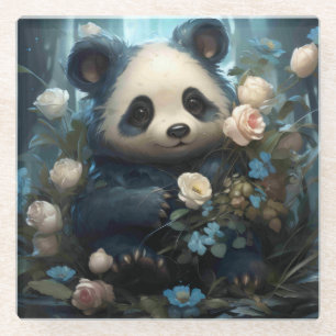 Gentle Panda Bear Among Jungle Roses Glass Coaster