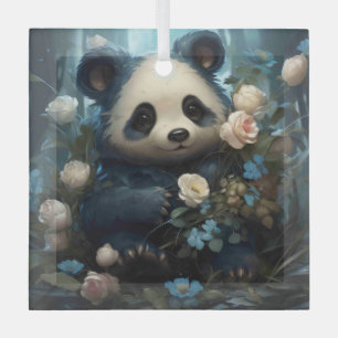 Gentle Panda Bear Among Jungle Roses Glass Tree Decoration