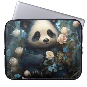 Gentle Panda Bear Among Jungle Roses Laptop Sleeve