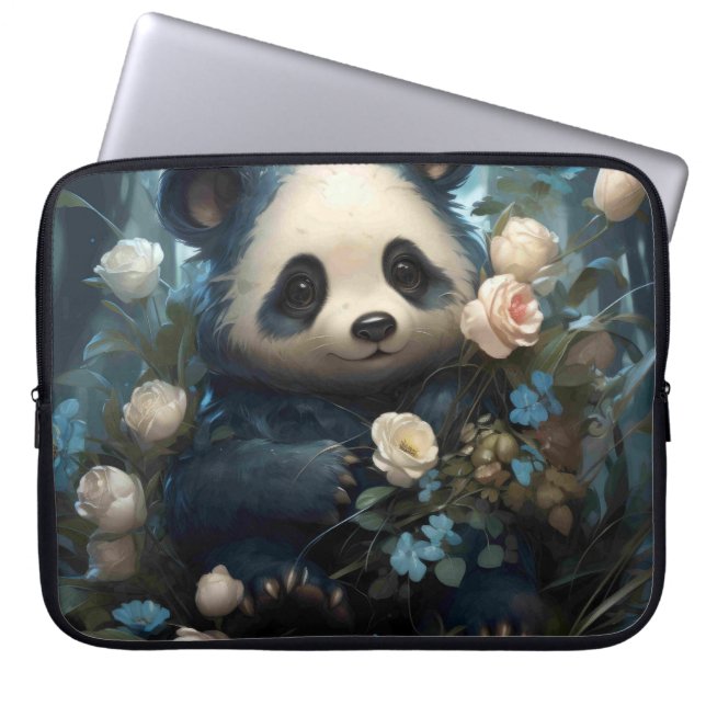 Gentle Panda Bear Among Jungle Roses Laptop Sleeve (Front)