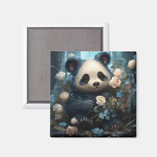Gentle Panda Bear Among Jungle Roses Magnet (Front/Back)