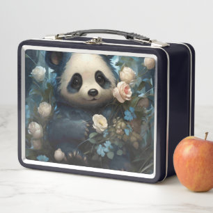 Gentle Panda Bear Among Jungle Roses Metal Lunch Box