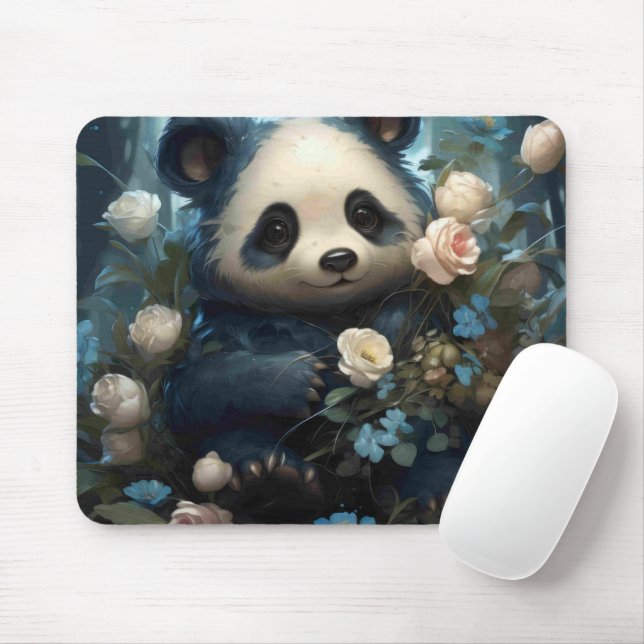 Gentle Panda Bear Among Jungle Roses Mouse Mat (With Mouse)