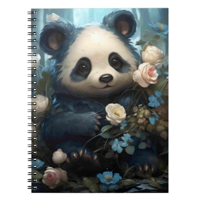 Gentle Panda Bear Among Jungle Roses Notebook (Front)