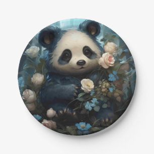 Gentle Panda Bear Among Jungle Roses Paper Plate