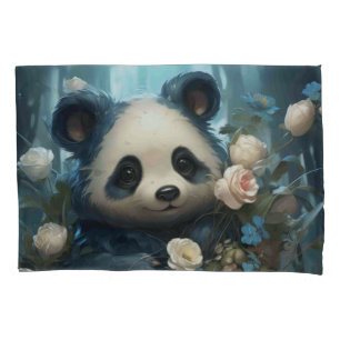 Gentle Panda Bear Among Jungle Roses Pillowcase