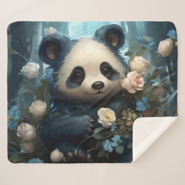 Gentle Panda Bear Among Jungle Roses Sherpa Blanket (Front (Horizontal))