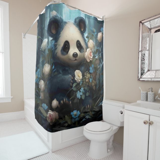 Gentle Panda Bear Among Jungle Roses Shower Curtain (In Situ)