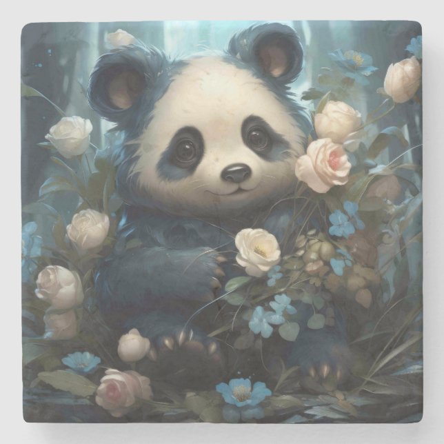 Gentle Panda Bear Among Jungle Roses Stone Coaster (Front)