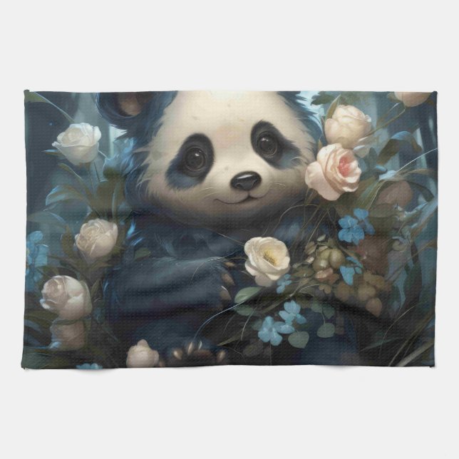 Gentle Panda Bear Among Jungle Roses Tea Towel (Horizontal)