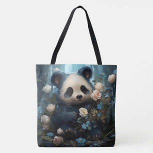 Gentle Panda Bear Among Jungle Roses Tote Bag