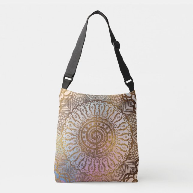 Gentle Pastel and Gold Choku Rei Symbol in Mandala Crossbody Bag (Front)