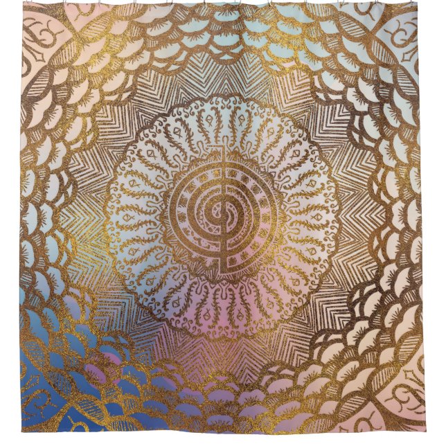 Gentle Pastel and Gold Choku Rei Symbol in Mandala Shower Curtain (Front)