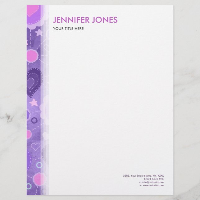 Gentle Pastel Purple Hearts & flowers Personalized Letterhead (Front)