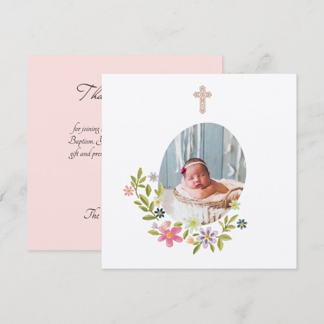 Gentle Pink Floral Baptism  Thank You Card (Front/Back)
