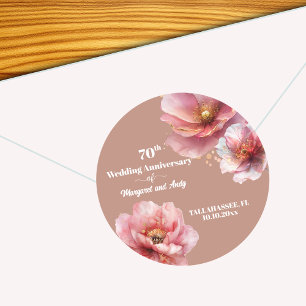Gentle Pink Gold Floral 70th Wedding Anniversary Classic Round Sticker