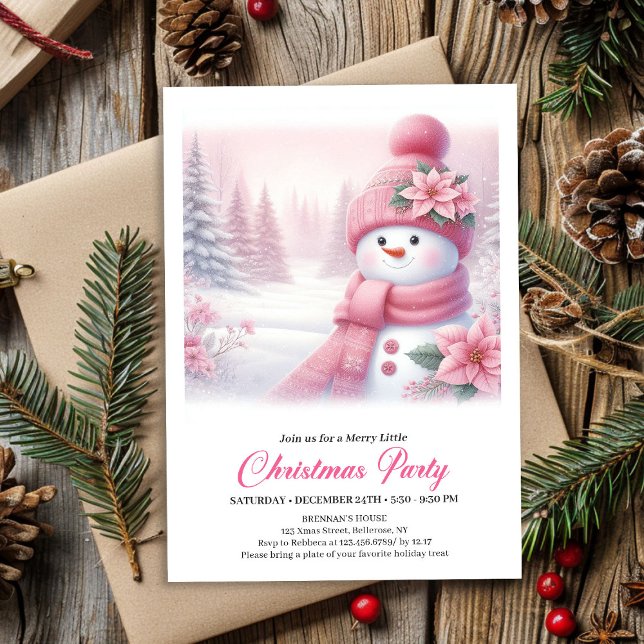 Gentle Pink Snowman Editable Christmas Invite  (Gentle Pink Snowman Editable Christmas Invite Digital File)