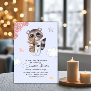 Gentle Racoon Animal Blue Baby Shower Invitation