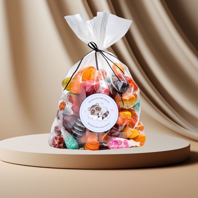 Gentle Racoon Animal Boy Baby Shower Thank You Classic Round Sticker (Gentle Boy Raccoon Blue Baby Shower Thank You Classic Round Sticker)