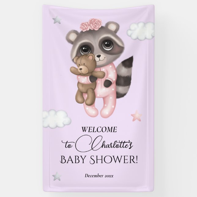 Gentle Racoon Animal Girl Baby Shower Welcome Banner (Vertical)