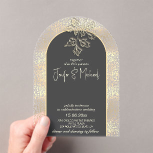 Gentle romantic gold confetti floral  acrylic invitations