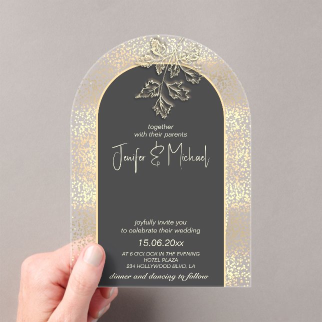 Gentle romantic gold confetti floral  acrylic invitations (Insitu (Handheld))