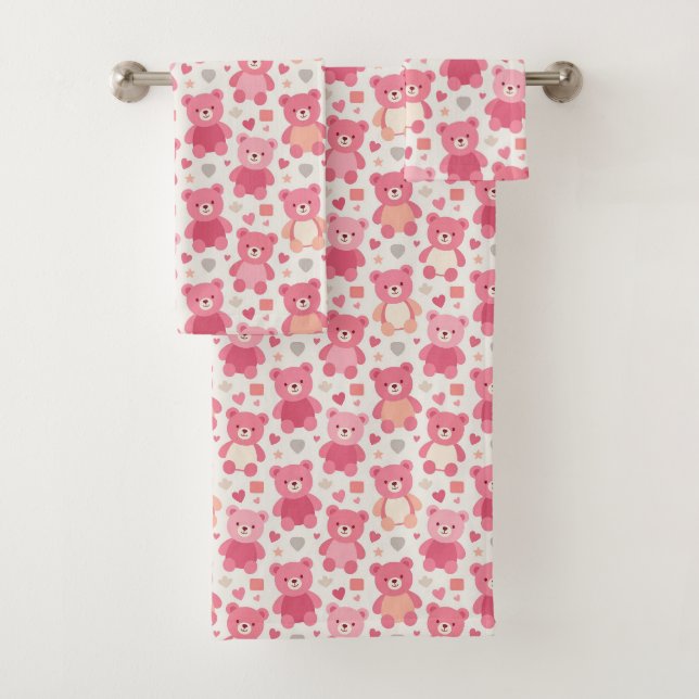 Gentle Rose Teddy Bear Pattern Towel Set (Insitu)