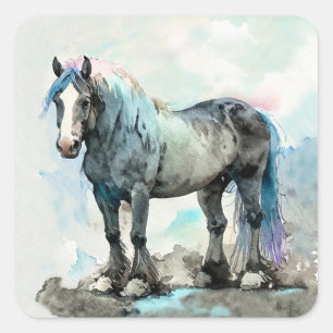 Gentle Shire Horse Watercolour Blue Square Sticker