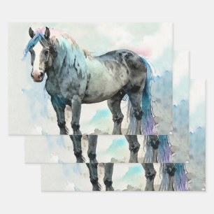 Gentle Shire Horse Watercolour Blue Wrapping Paper Sheet