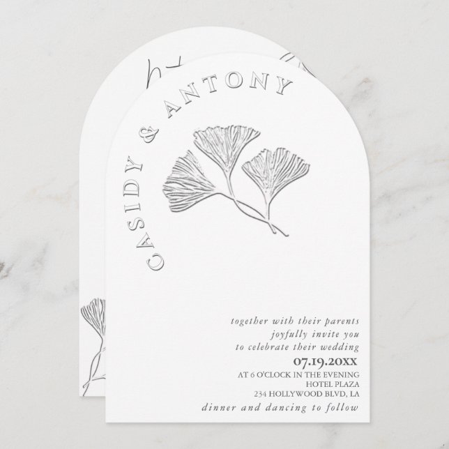 Gentle simple embossed ginko all in one in invitation (Front/Back)