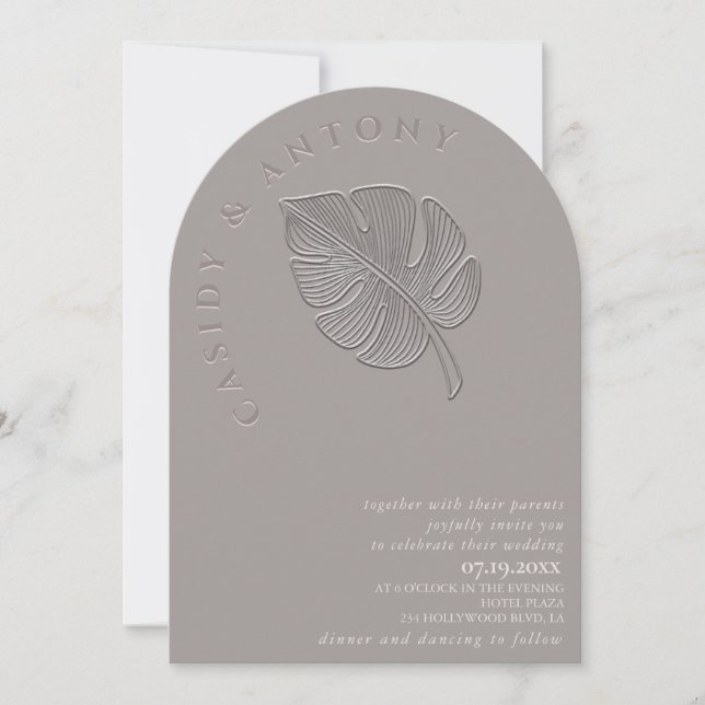 Gentle simple embossed tropical leaf all in one invitation (Front)