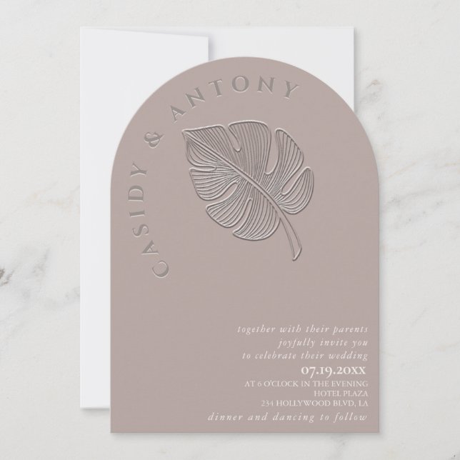 Gentle simple embossed tropical leaf all in one invitation (Front)