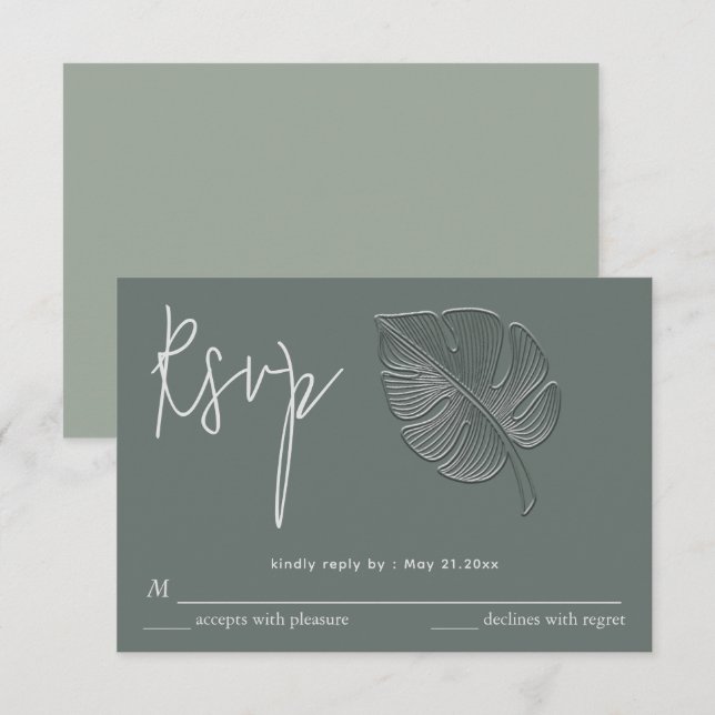 Gentle simple embossed tropical leaf RSVP (Front/Back)