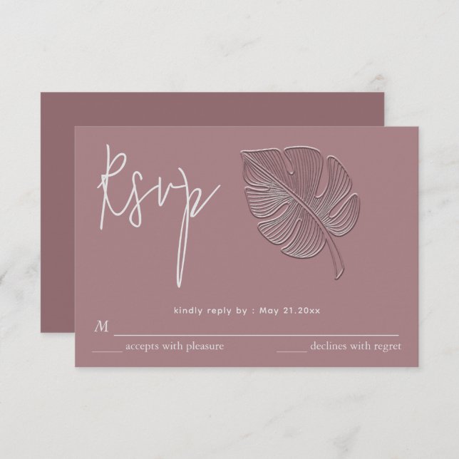 Gentle simple embossed tropical leaf RSVP (Front/Back)