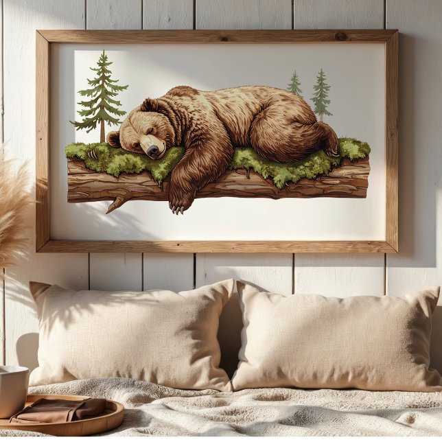 Gentle Sleeping Bear Woodland Nursery Wall Art (Sleeping Bear cozy hygge style bedroom wall poster art. Housewarming gift or baby shower gift.)