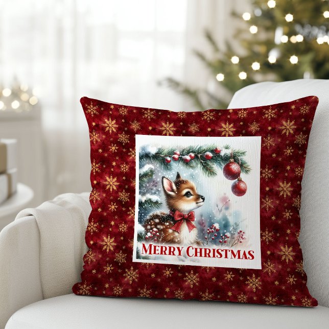 Gentle Snowy Fawn Watercolor Scene Gift Christmas  Cushion (Gentle Snowy Fawn Watercolor Scene Gift Christmas pillow)