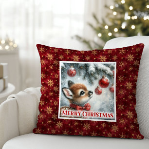 Gentle snowy forest baby deer festive scene Xmas Cushion