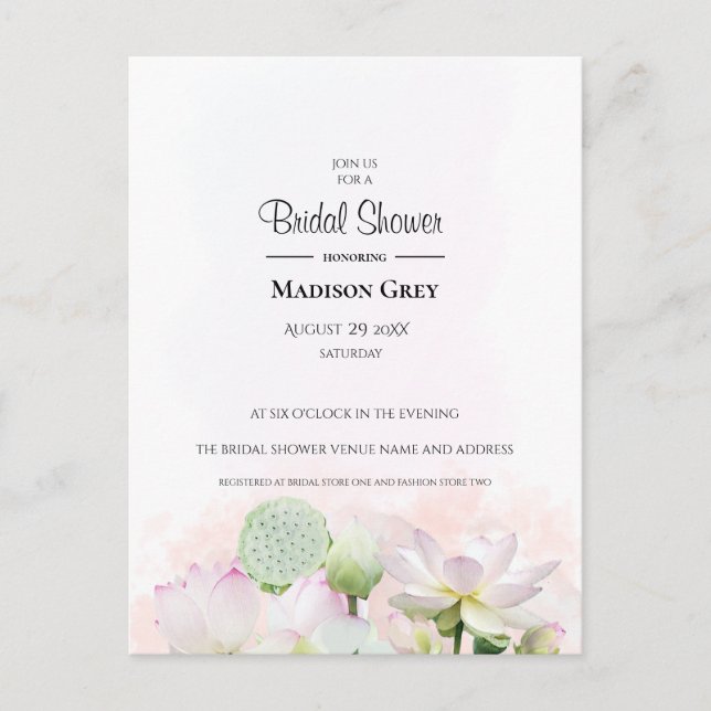 Gentle Water Lilies and Lotuses Bridal Shower Invitation Postcard (Front)