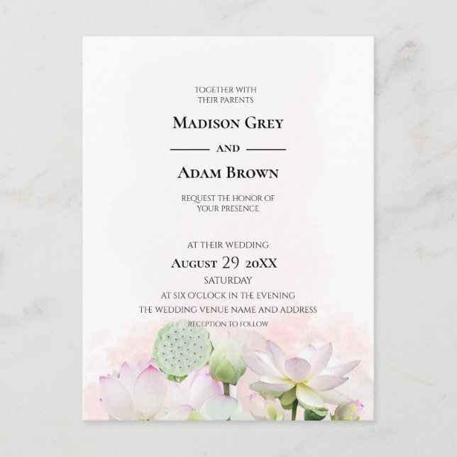 Gentle Water Lilies and Lotuses Watercolor Wedding Invitation Postcard (Front)